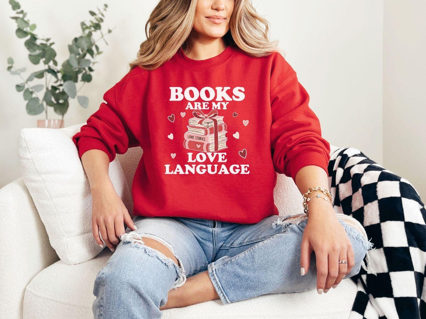 A gildan 18000 sweatshirt with the saying "Books are my love language"
