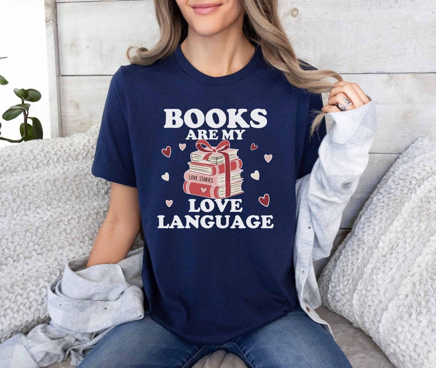 A gildan 18000 sweatshirt with the saying "Books are my love language"
