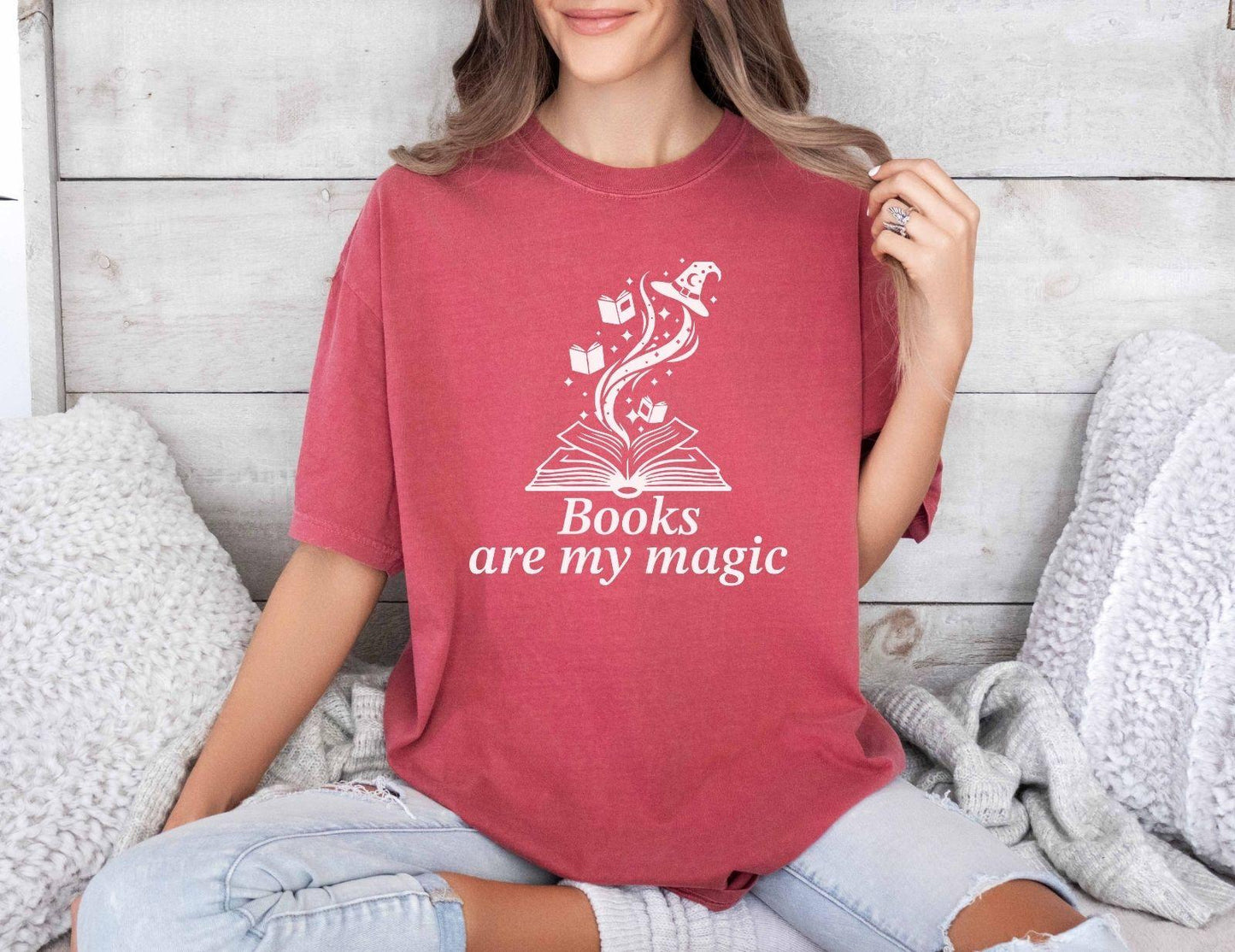 A comfort colors® shirt with the saying "books are my magic"