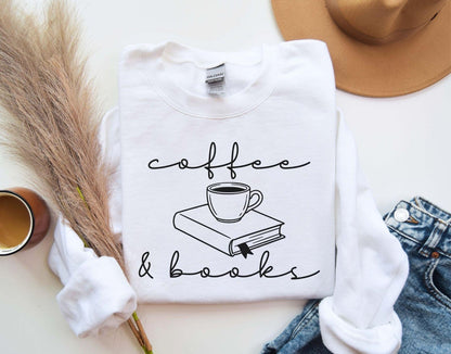 A Gildan 18000 sweatshirt with the saying "coffee and books"