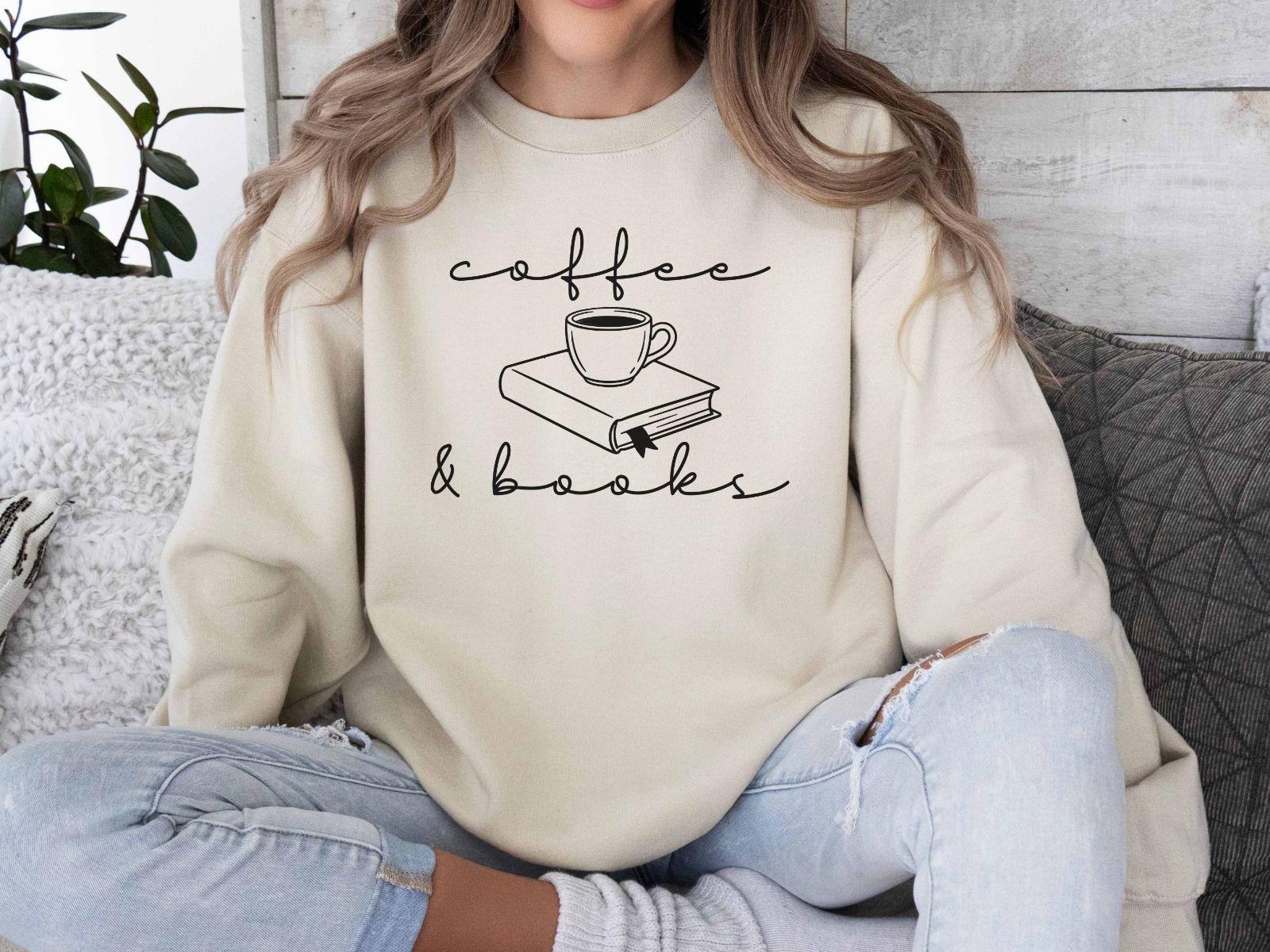 A Gildan 18000 sweatshirt with the saying "coffee and books"