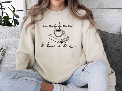 A Gildan 18000 sweatshirt with the saying "coffee and books"