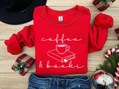 A Gildan 18000 sweatshirt with the saying "coffee and books"
