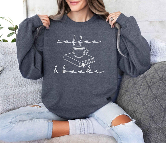 A Gildan 18000 sweatshirt with the saying "coffee and books"