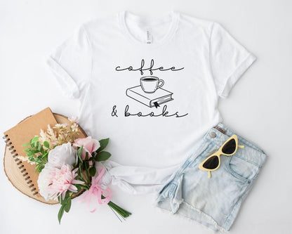 A bella canvas 3001 shirt with the saying "coffee and books"