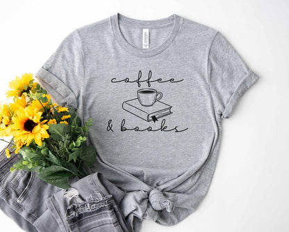 A bella canvas 3001 shirt with the saying "coffee and books"