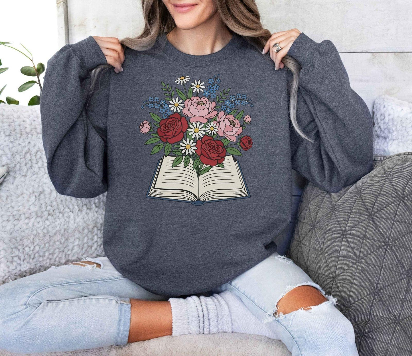 A Gildan 18000 sweatshirt with the saying "flowered"