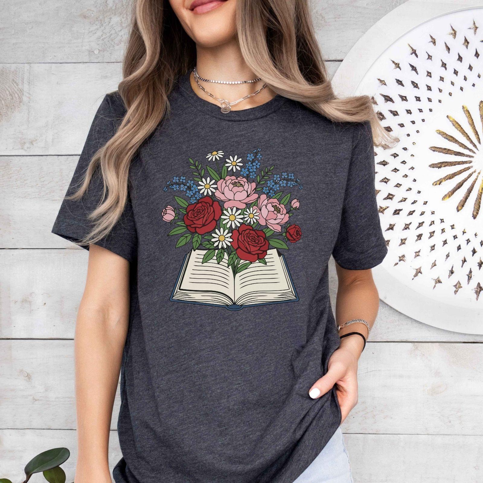 A comfort colors® shirt with the saying "flowered book"
