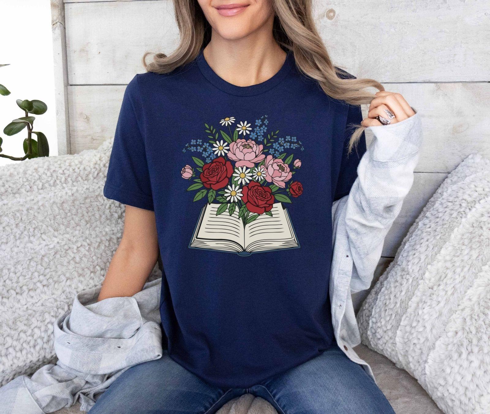 A comfort colors® shirt with the saying "flowered book"