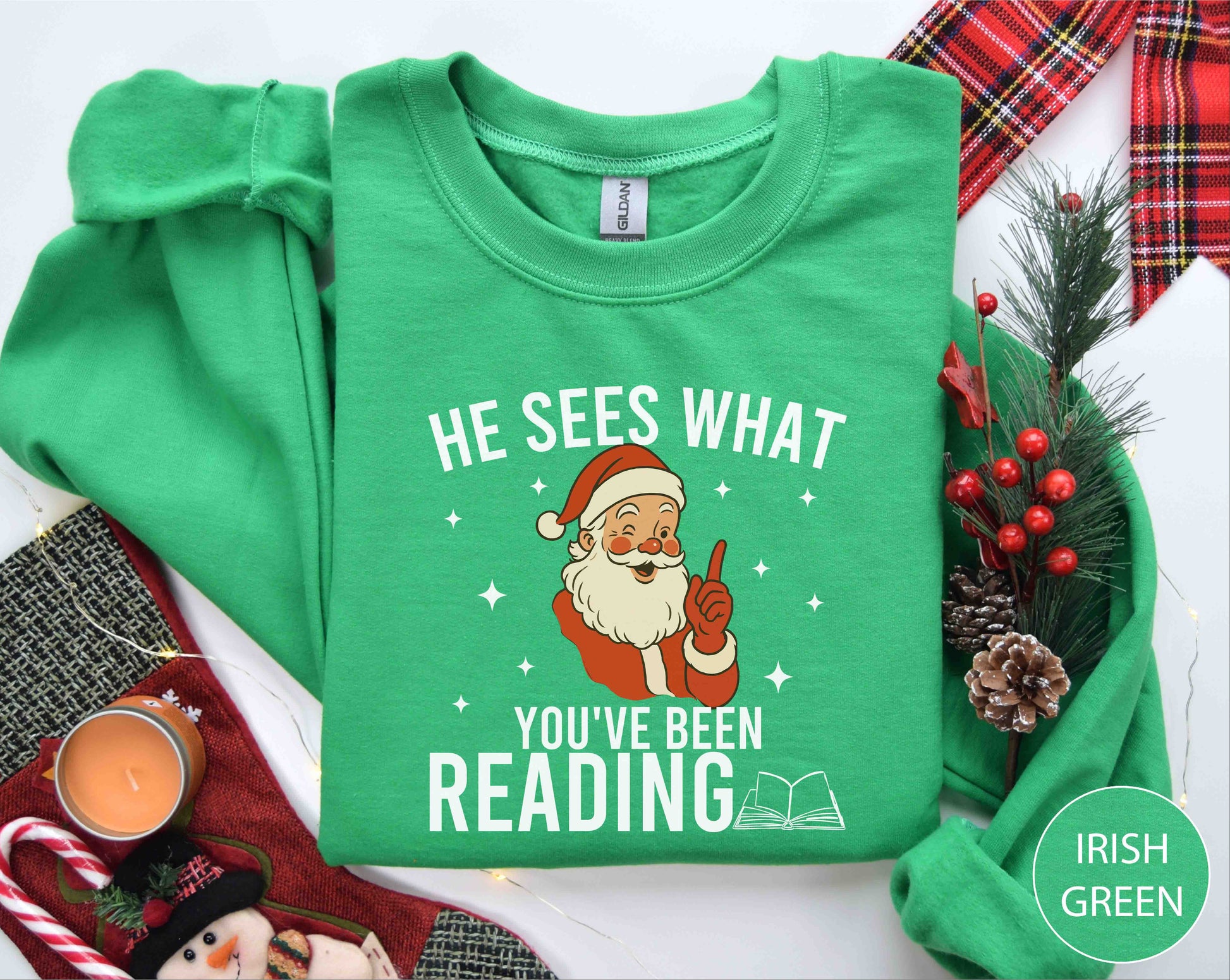 Irish green sweatshirt with Santa Claus graphic and text on a festive background