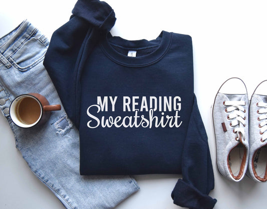 A navy color sweatshirt with the saying "My reading sweatshirt"