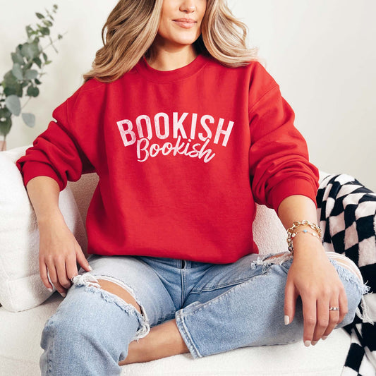 A red color sweatshirt with the saying "Bookish"