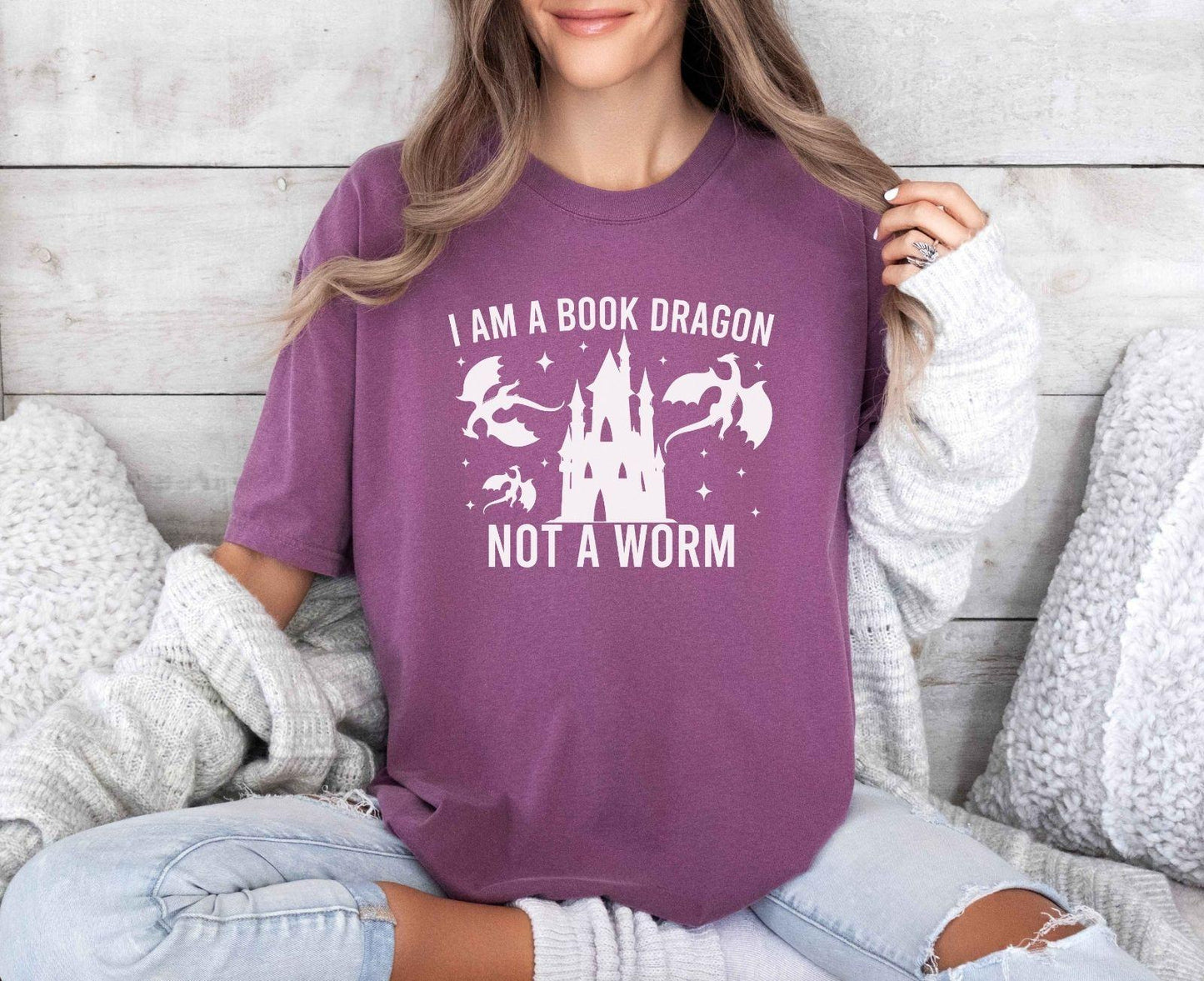 A comfort colors shirt with the saying "I am a book dragon not a work"