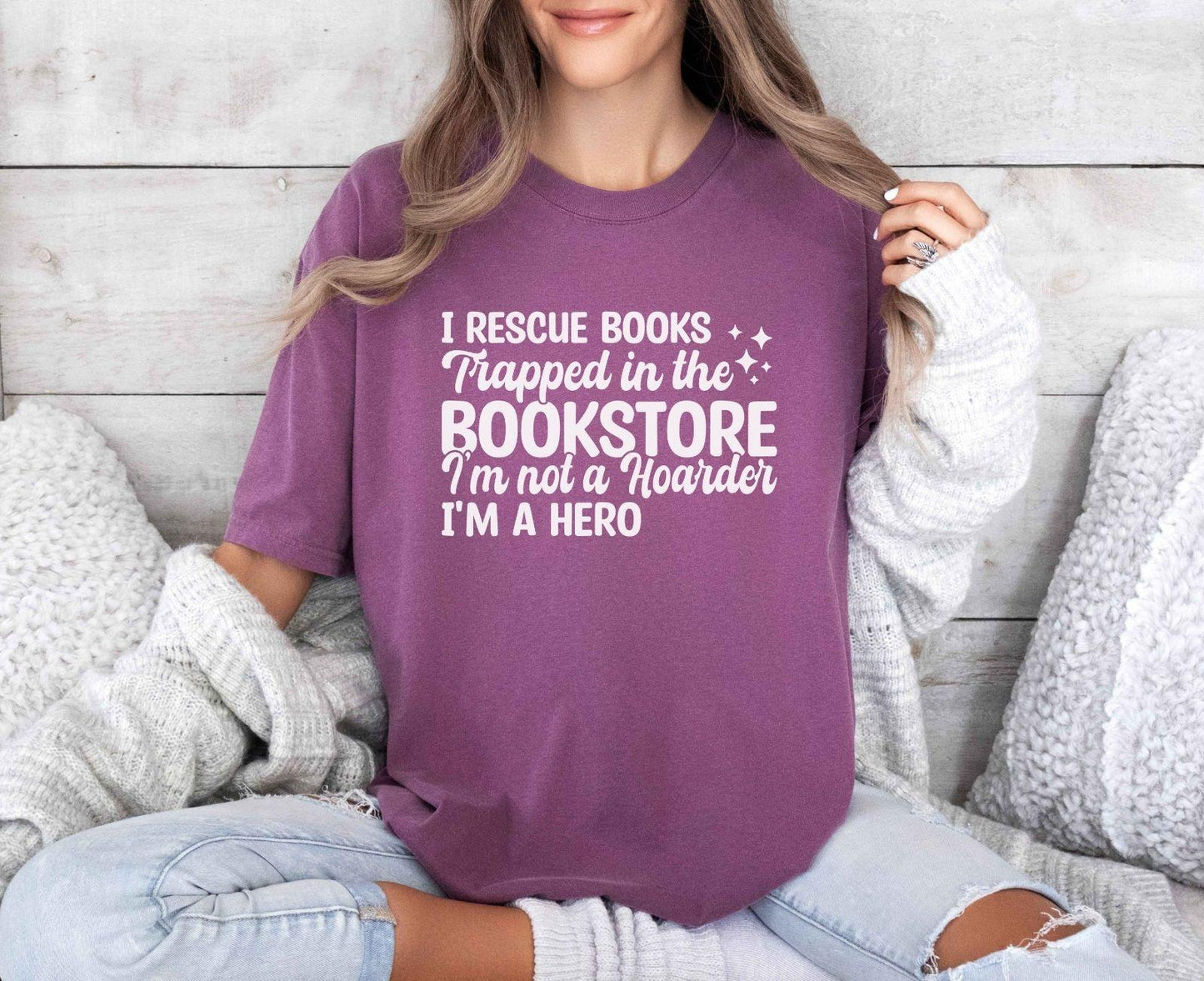 A comfort colors® shirt with the saying "I Rescue Books Trapped In The Bookstore"