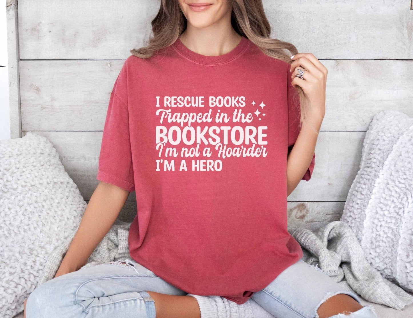 A comfort colors® shirt with the saying "I Rescue Books Trapped In The Bookstore"