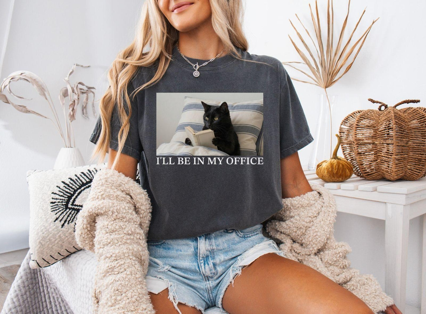 A comfort colors® shirt with the saying "I'll be in my office black cat"