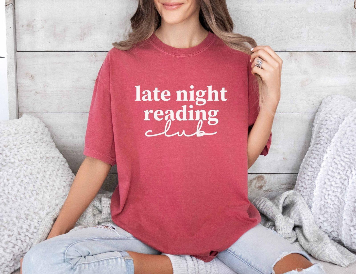 A comfort colors shirt with the saying "Late night reading"