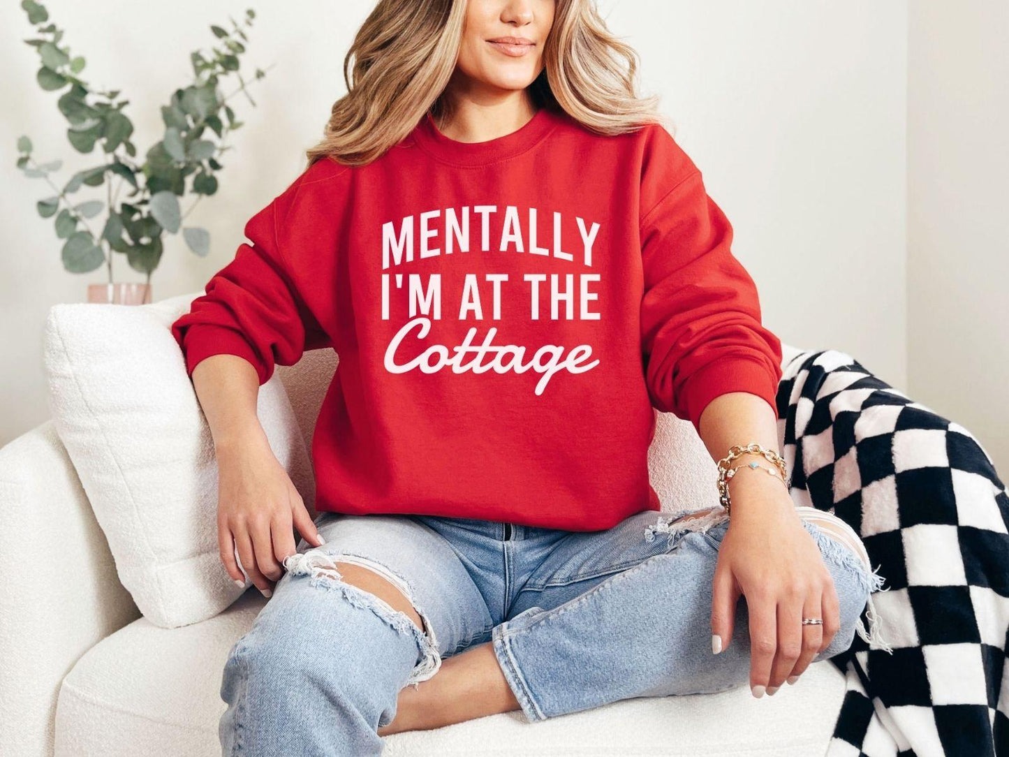 A Gildan 18000 sweatshirt with the saying "Mentally I'm at the cottage"