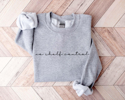 A Gildan 18000 sweatshirt with the saying "no shelf control"