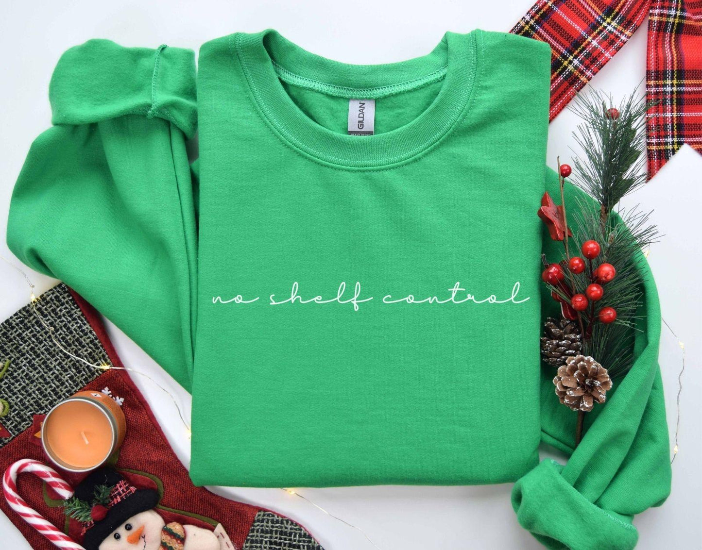 A Gildan 18000 sweatshirt with the saying "no shelf control"