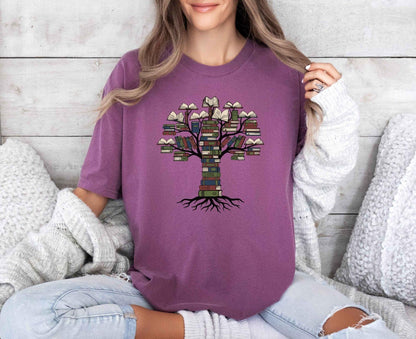 A comfort colors® shirt with the saying "tree books"