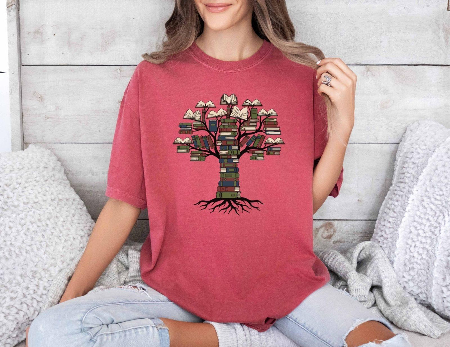 A comfort colors® shirt with the saying "tree books"