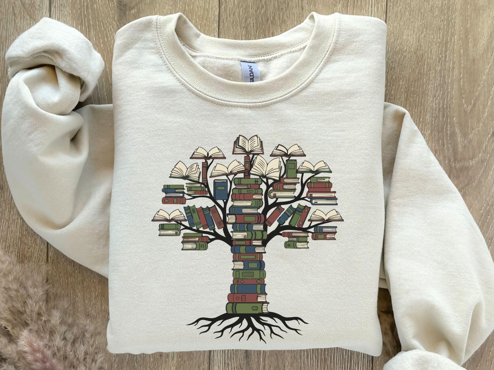 A Gildan 18000 sweatshirt with the saying "books tree graphic"