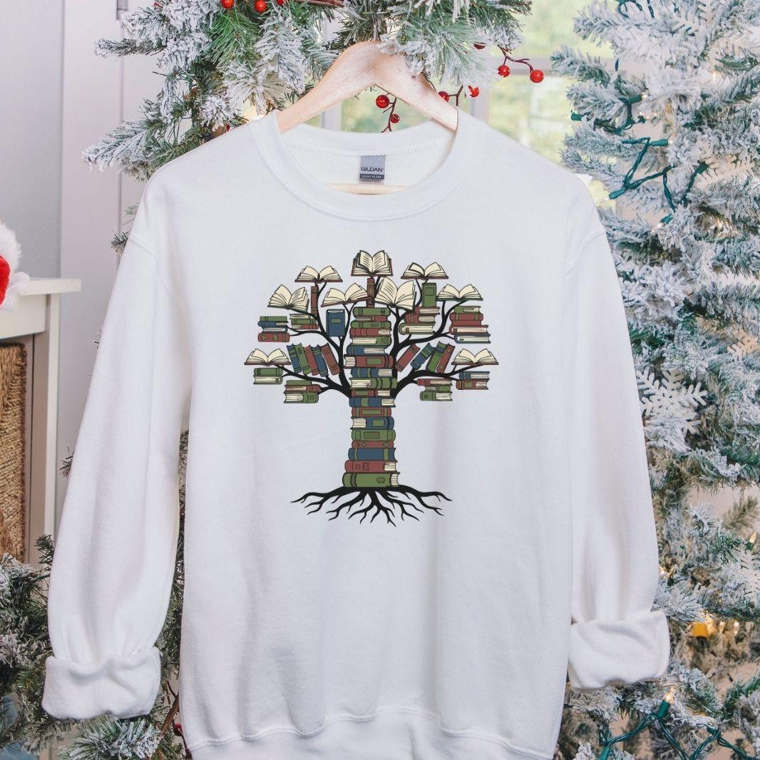 A Gildan 18000 sweatshirt with the saying "books tree graphic"