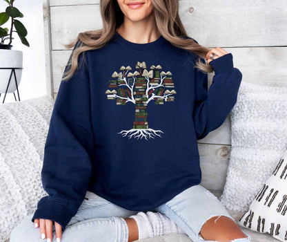A Gildan 18000 sweatshirt with the saying "books tree graphic"