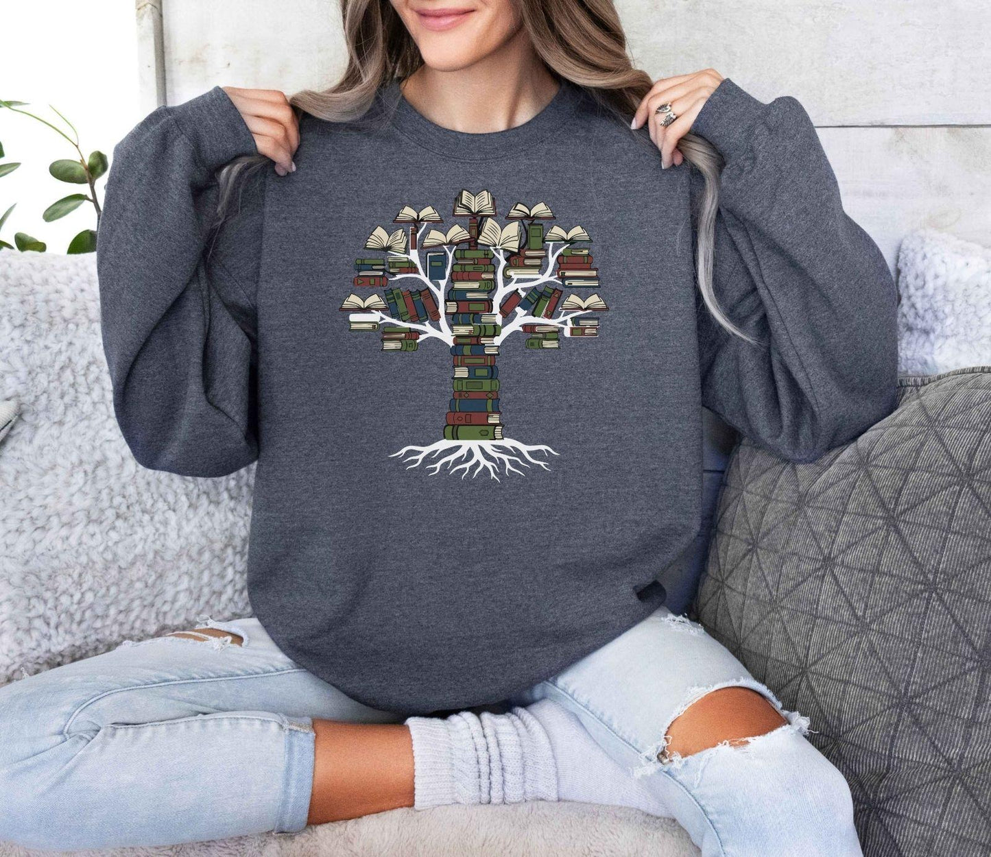 A Gildan 18000 sweatshirt with the saying "books tree graphic"