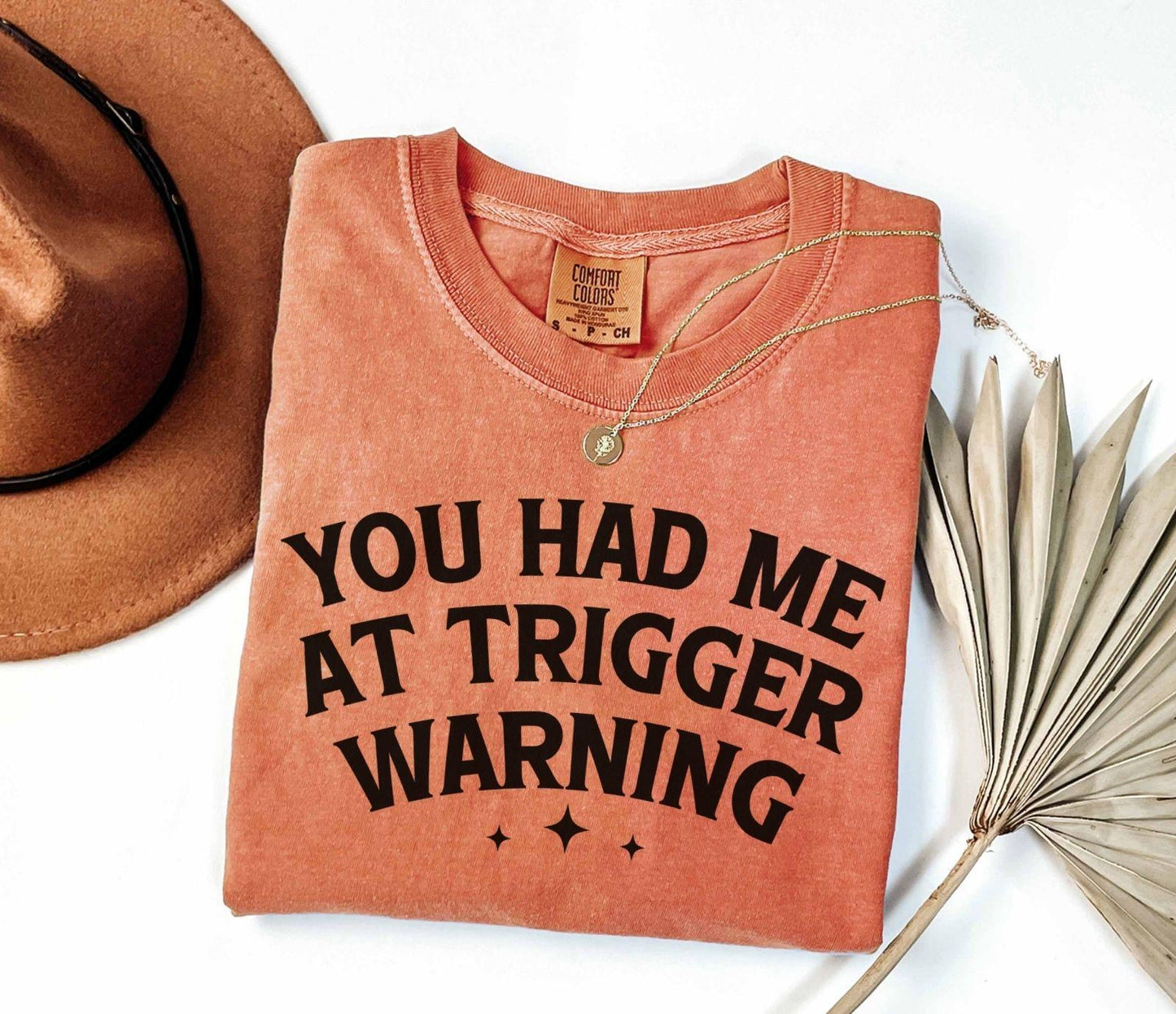 A comfort colors® shirt with the saying "you had me at trigger warning"