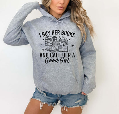 Person wearing a sport grey hoodie with a book-themed design and text.